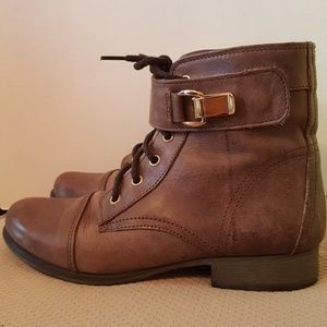 Steve Madden Beige Boots, Gold Buckle